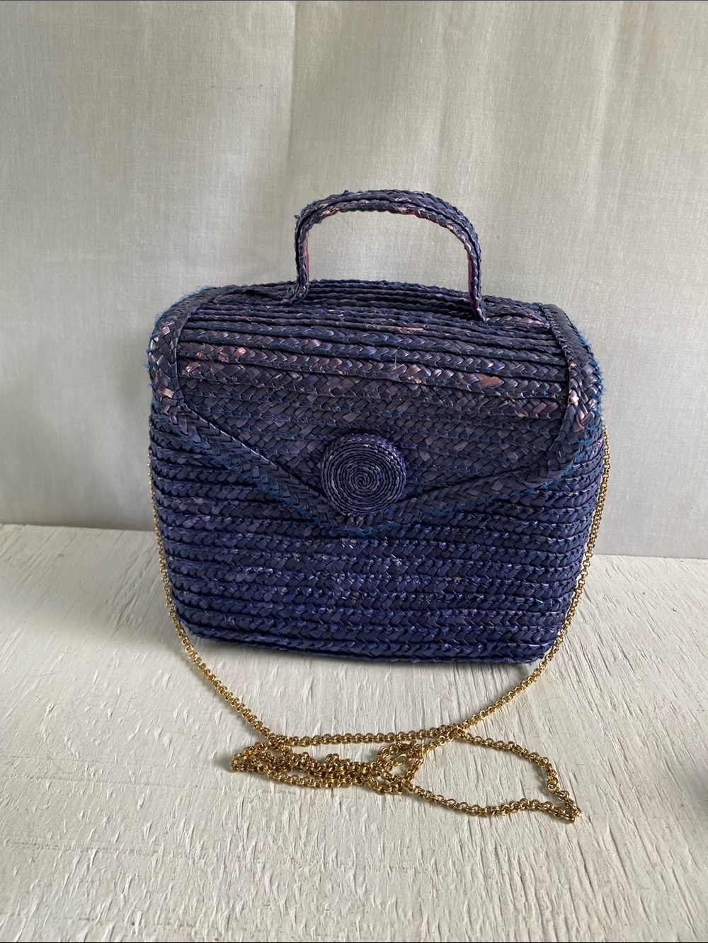 LAST CALL!! Woven Purple/Eggplant Color Handheld Wicker Box Bag gold tone chain